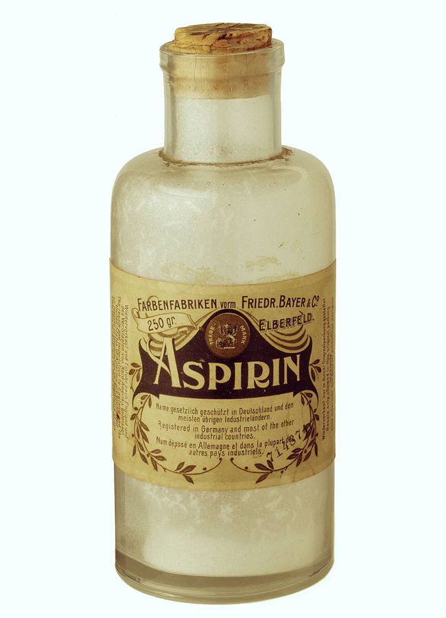 In 1899, Bayer began marketing ASA as “Aspirin”: a = acetyl, spir = Spiraea ulmaria (meadowsweet, a plant that also has salicylic acid). A typical dose was one teaspoon of powder in water, which worked out to about 5 grains. It came in 250 g bottles; g=grains here, not grams!/17