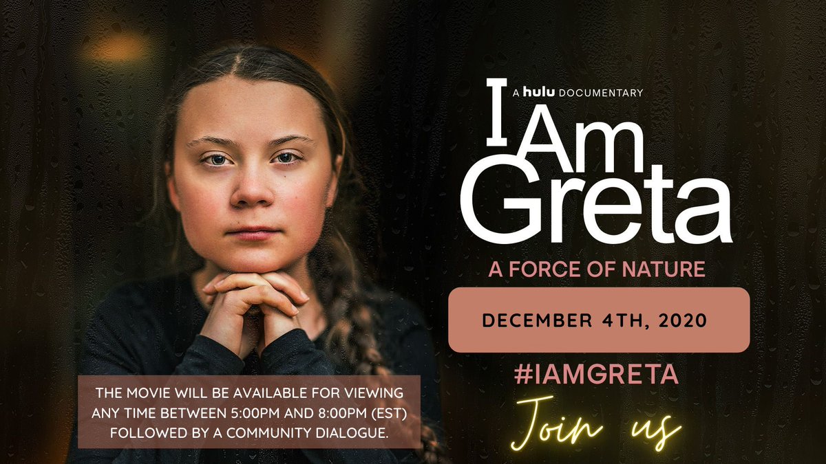 On December 4th, between 5:00 and 8:00 PM (EST) we will be hosting a virtual screening of I AM GRETA, followed by an online conversation at 8:00 PM where we all discuss the film and talk about some concrete things Vermont youth can do to have a bigger impact.

Register in bio!