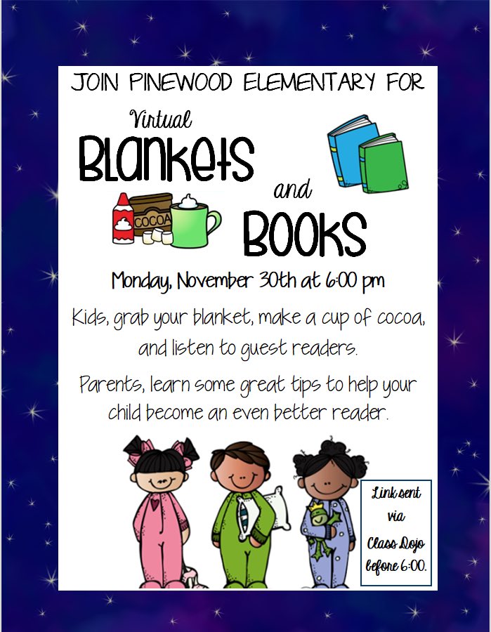 Pinewood_OCPS's tweet photo. Blankets and Books... a perfect combination on this chilly evening! #VirtualLiteracyNight #hotcocoa #guestreaders https://t.co/YQSz36nzPA