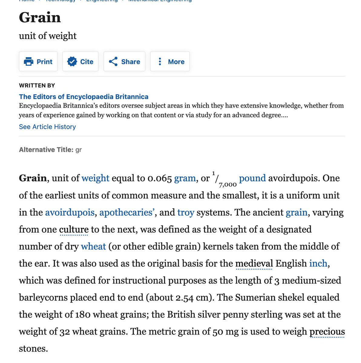 A “grain” was around 65 mg; it was formally set as 64.79891 milligrams in 1953. It was based on the weight of an idealized barley cereal grain (!) and had ancient, Bronze Age trading roots. Of course, the weight of a cereal grain varies based on humidity, specific plant, etc./22