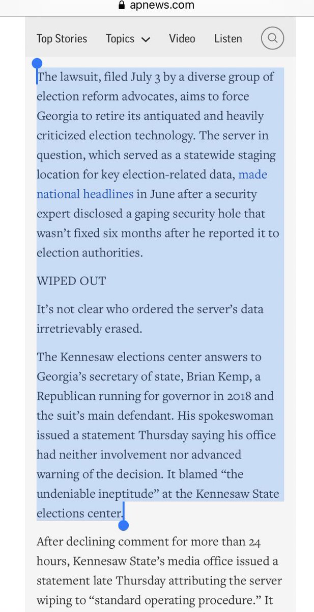 4/ months after he reported it to election authorities.” It goes on to note that the server’s data was irretrievably erased [after the lawsuit was filed]. The Kennesaw State Elections Center where the server was wiped answered DIRECTLY to then Secretary of State Brian Kemp.
