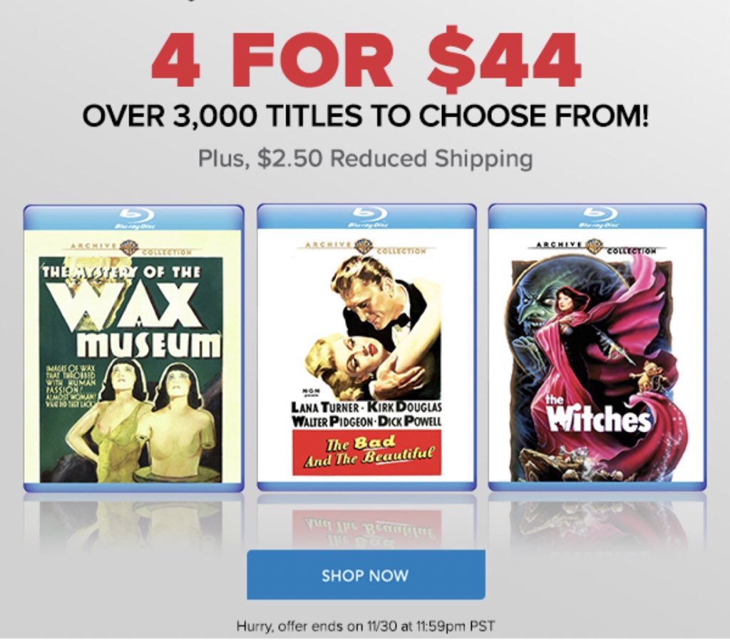 WarnerArchive's tweet image. Only a few hours left to get up to 40% off hundreds of our multi-disc sets and 4 for $44 on thousands of our single disc releases! wbshop.com/warnerarchive #CyberMonday #000000Friday #htmljokes