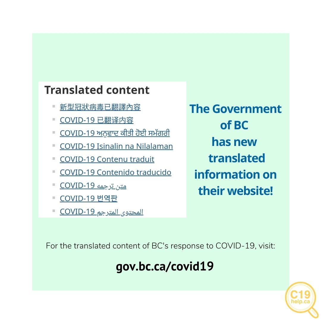 c19help's tweet photo. New COVID-19 translated resources by the @BCGovNews in #TraditionalChinese #SimplifiedChinese, #Tagalog #Punjabi #French #Spanish #Farsi #Korean #Arabic #CovidBC #C19help #Covid19 #Covid19BC #BC #Covid19inclusion @huafoundation @UBCACAM @Tulayan @baovecollective #sulongubc https://t.co/QZLeR8jEso