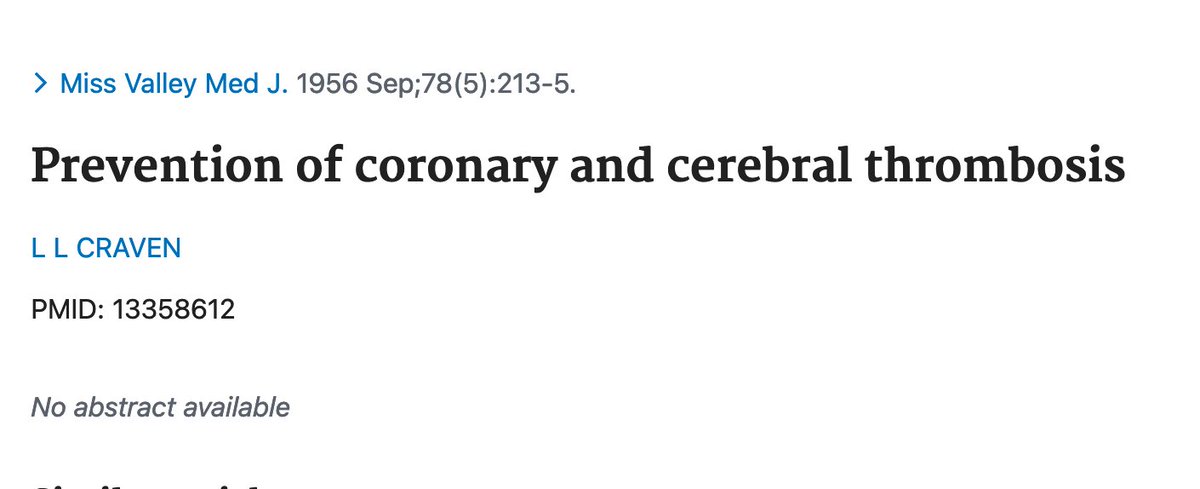 In 1956, a year before dyring of an MI, Craven described 8,000 patients in a paper in the Mississippi Valley Medical Journal. Either Craven didn’t know how to pick journals or reviewers were savage. This was a critical observation that would eventually save many lives./34