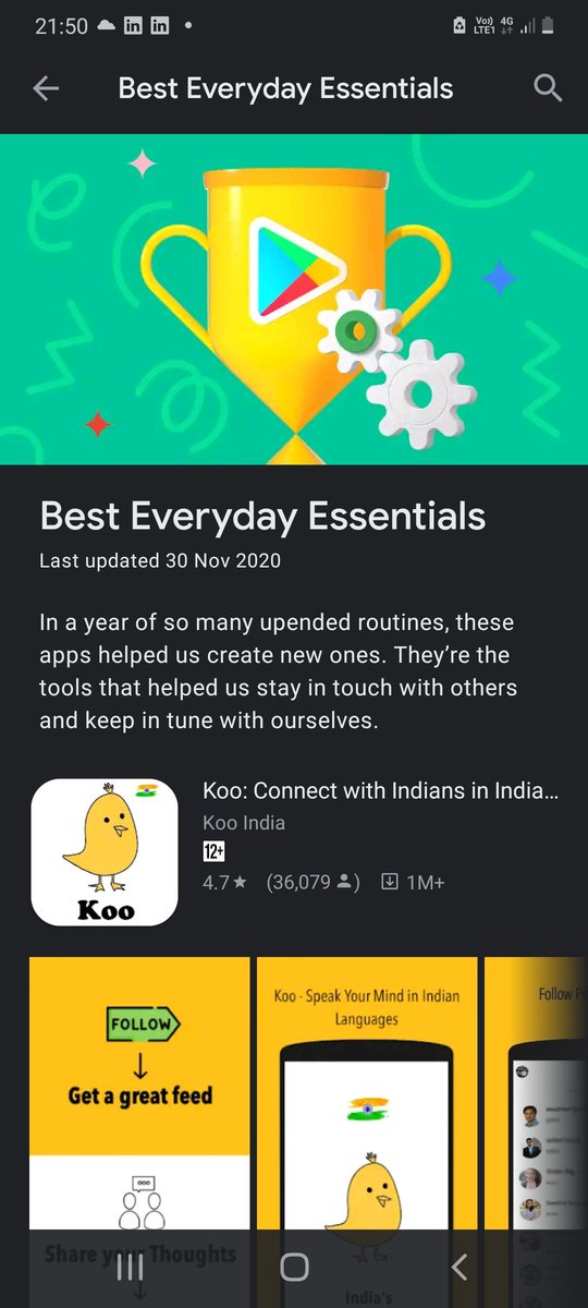 <a href="/kooindia/">Koo India</a> just won 'Best Everyday app of 2020' by Google Playstore! 8 month old product focused on delighting users 🙂. Proud of our team which is making it happen everyday! <a href="/mayankbidawatka/">Mayank Bidawatka</a>