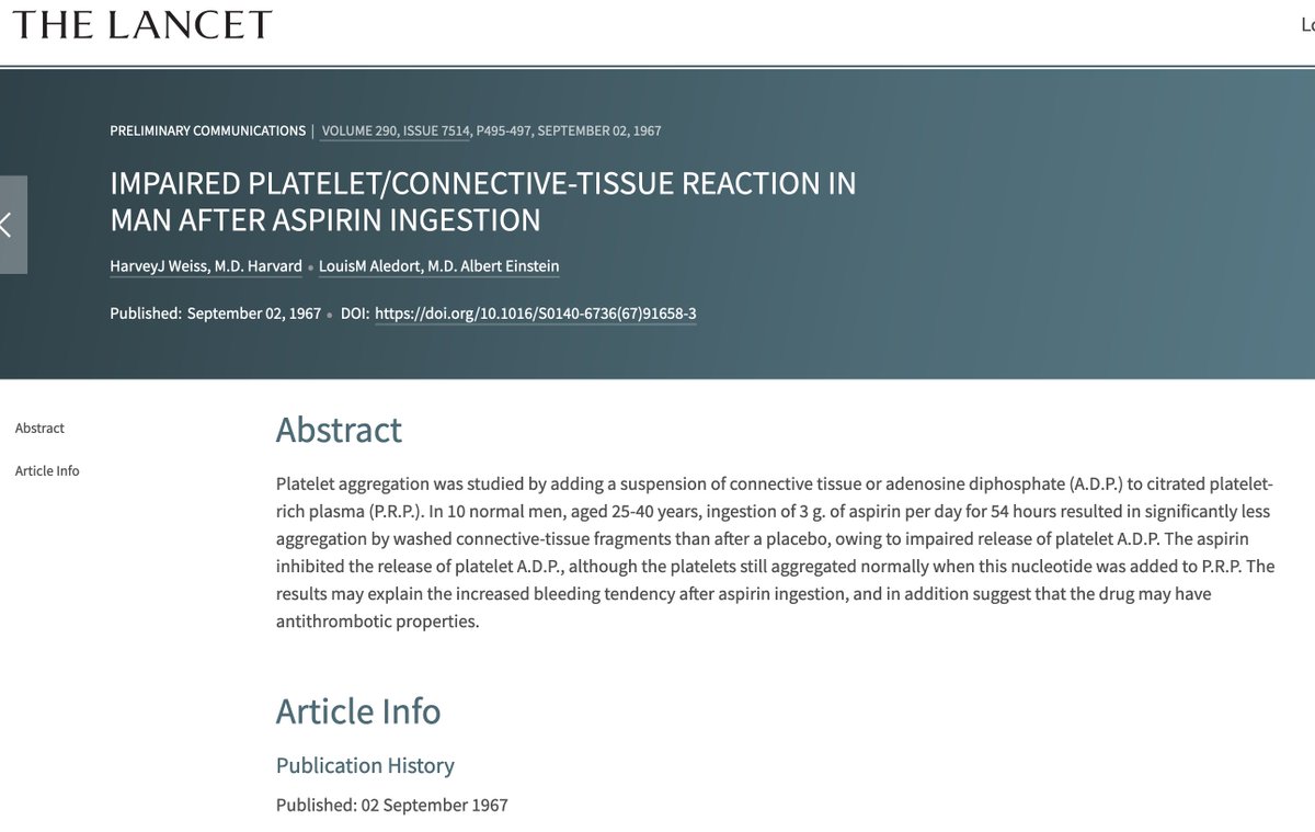 Then in 1967, Harvey Weiss at Mt Sinai and Louis Aledort at Einstein reported in  @TheLancet that aspirin inhibited platelet function... release of ADP... somehow. /38