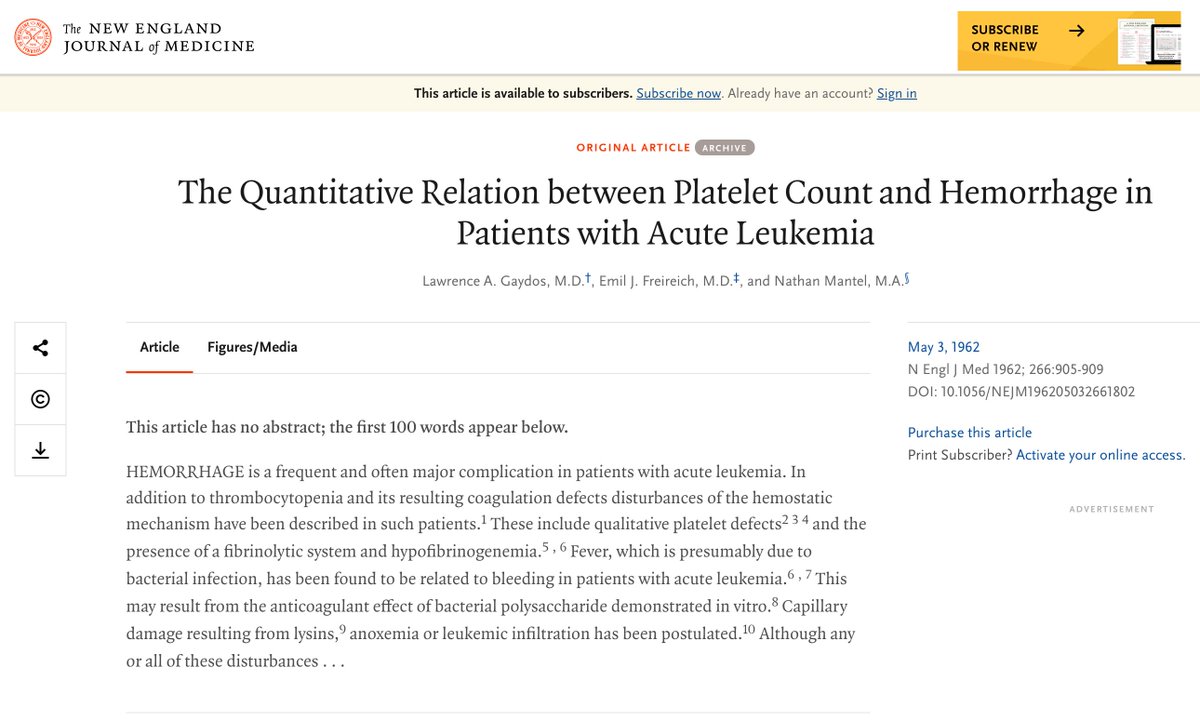 In 1962, Lawrence Gaydos and Tom Freireich published a study  @nejm on platelet count and bleeding risk in acute leukemia. As a result of that study, the platelet threshold for patients getting cancer treatment was set at 20,000/mm3, which was what I learned as a med student./36