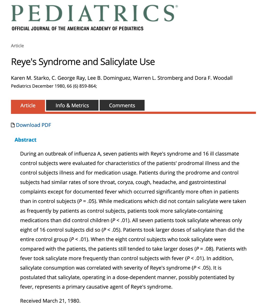 In 1980, Karen Starko in Arizona and her colleagues published a small case-control study in that found the first statistically-significant link between aspirin use and Reye syndrome. The CDC began cautioning parents not to use aspirin for kids that same year, 1980./47