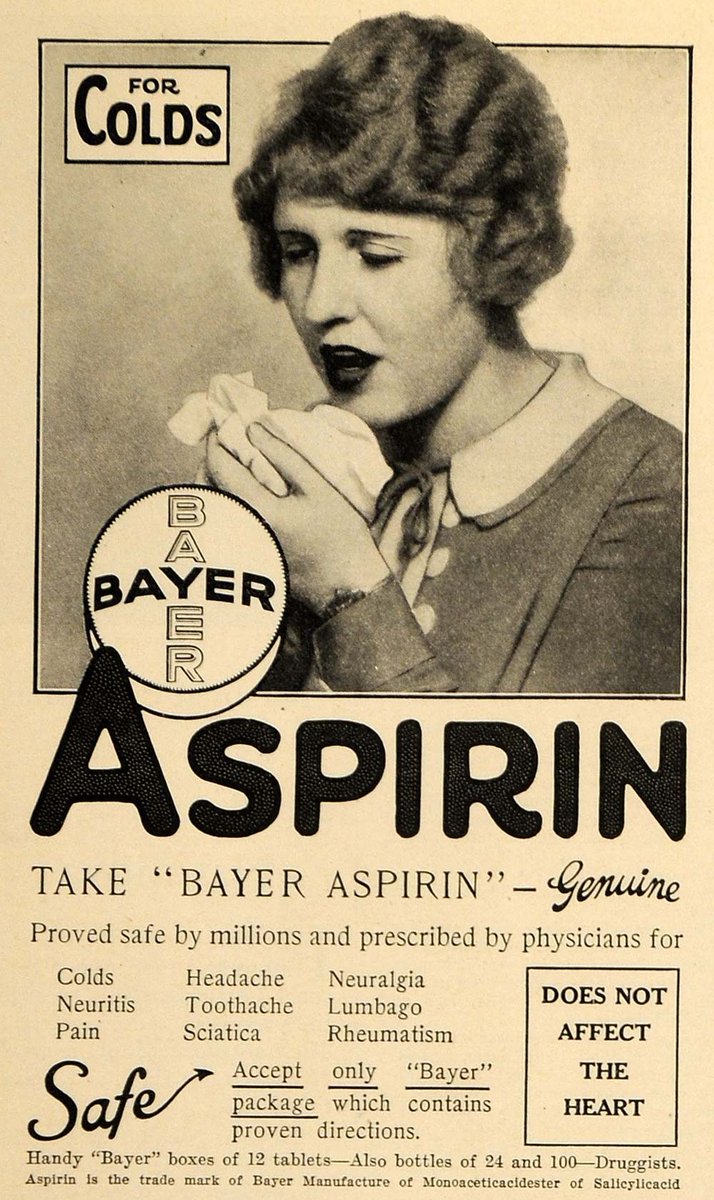 Ironically, one of the early advertising points for aspirin, as in this early  @Bayer ad, had been that it had no effect on the heart! /44