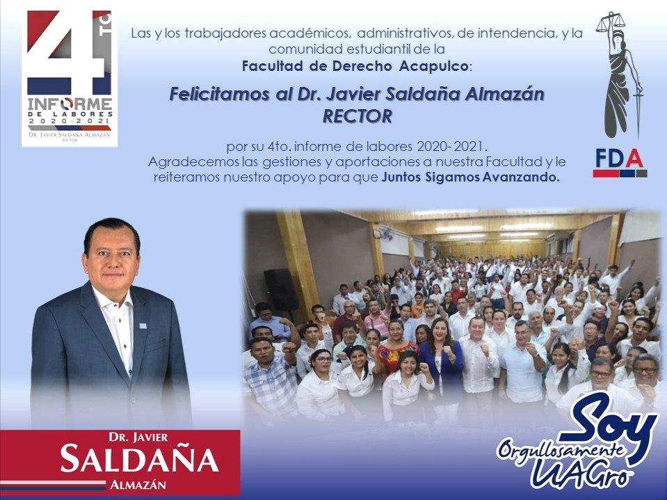 AMERICA BAUTISTA (@ameribautista) on Twitter photo La facultad de Derecho Acapulco, se une a las felicitaciones al dr. <a href="/JavSaldana/">Javier Saldaña</a> por su #4InformeJSA. #JuntosSeguimosAvanzando #JavierSaldaña La facultad de Derecho Acapulco, se une a las felicitaciones al dr. <a href="/JavSaldana/">Javier Saldaña</a> por su #4InformeJSA. #JuntosSeguimosAvanzando #JavierSaldaña