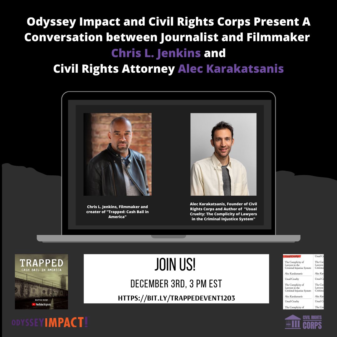 Join us Thurs. Dec. 3 for a conversation with filmmaker @bychrisljenkins and @equalityAlec of @CivRightsCorps on how the legal community in America is both the solution and the hindrance to truly reforming the criminal legal system. RSVP link: bit.ly/trappedevent12…
