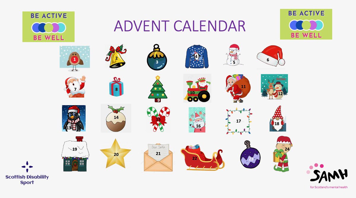 It’s December! Join us for some advent fun. Each day a door will open with a new activity. 

Send us your photos and videos of your challenge. 

#BeActiveBeWell <a href="/SAMHtweets/">SAMH</a> <a href="/sportscotland/">sportscotland</a> <a href="/TNLComFundScot/">The National Lottery Community Fund Scotland</a> <a href="/ActiveScotGov/">Active Scotland</a>