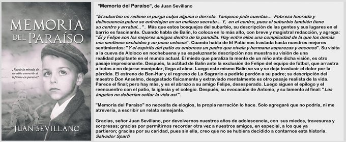 Mi Reseña de MEMORIA DEL PARAÍSO, del Gran Escritor Juan Sevillano
@RoMemoria
Disponible en #Amazon Papel https://t.co/cP68NqPhgh #Kindle https://t.co/fZVoL9nXlx #Miami #Mexico #Madrid #Espana #NewYork #Texas
@freeboostpromo https://t.co/vjtaAg7VRl