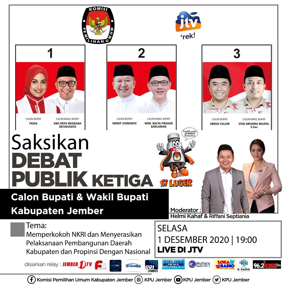 Dulur warga Jember, nanti malam jam 19.00 wib, Live Debat Publik Pemilihan Bupati & Wakil Bupati Jember putaran ketiga. Nonton ya...
#jawatimur #2020 #pilkada2020 #pemilu #kpu #jember #live #debat #debatpublik #bupati #wakilbupati #jtv https://t.co/Pe1npZO4qG