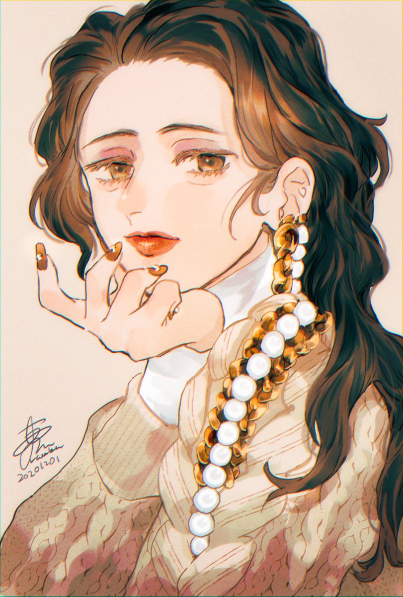 1girl solo brown hair jewelry earrings brown eyes portrait  illustration images