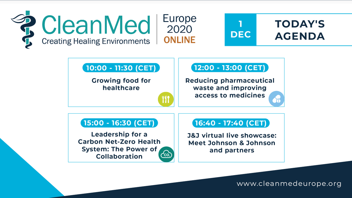 CleanMedEurope's tweet photo. Day 7⃣ of #CME20 - We have 3 sessions for you today & a live showcase:
- Growing food for #healthcare
- Reducing pharmaceutical waste & improving access to medicines
- Leadership for a Carbon Net-Zero Health System
- J&J virtual live showcase: Meet Johnson & Johnson and partners https://t.co/O4cZ8HsDxp