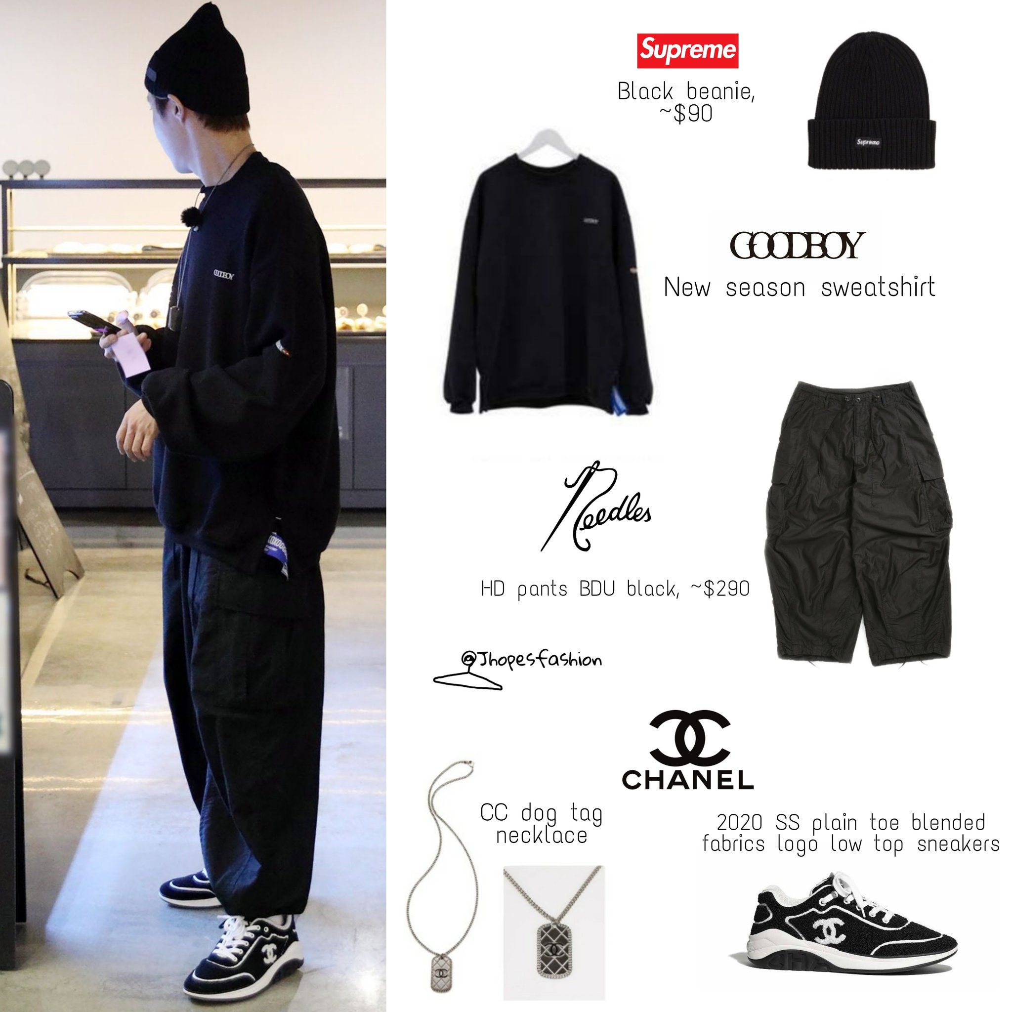 j-hope's closet (rest) on X: Hoseok's Supreme beanie, Goodboy sweatshirt,  Needles pants and Chanel sneakers & necklace 201201 - Run BTS! Ep 118  #Jhope #제이홉 #Jhopefashion #BTS  / X