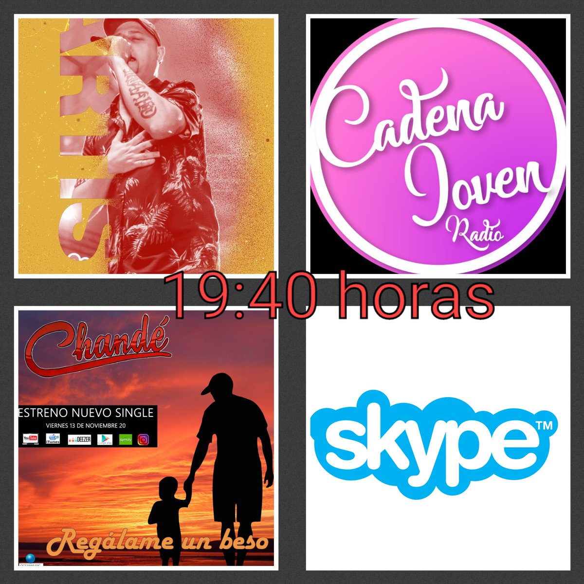 Hoy estaremos presentando REGALAME UN BESO vía <a href="/Skype/">Skype</a> en <a href="/CadenaJovenr/">Cadena Joven Radio</a> a las 19:40 horas !! Vamos!! 💪💪💪💪
<a href="/groupoceanmusic/">Ocean music ®</a> <a href="/timmyropero/">Timmy Ropero</a> <a href="/Chandeautor/">chande</a> <a href="/chandeinfo/">Chandeinfo</a> <a href="/CFOficialChande/">CFOficial Chandé</a>