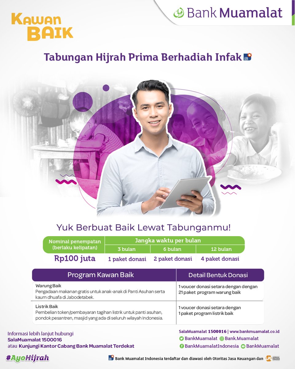 BankMuamalat's tweet photo. Assalaamualaikum BMers!
Kamu bisa menabung sambil berwakaf melalui Tabungan Hijrah Prima Berhadiah Infak. Yuk buka tabunganmu sekarang, sambil menabung sekaligus menebar kebaikan. #TabunganHijrahPrima #TabunganMuamalat #TPBInfak #BMIKawanBaik https://t.co/0n9R9yTLKO
