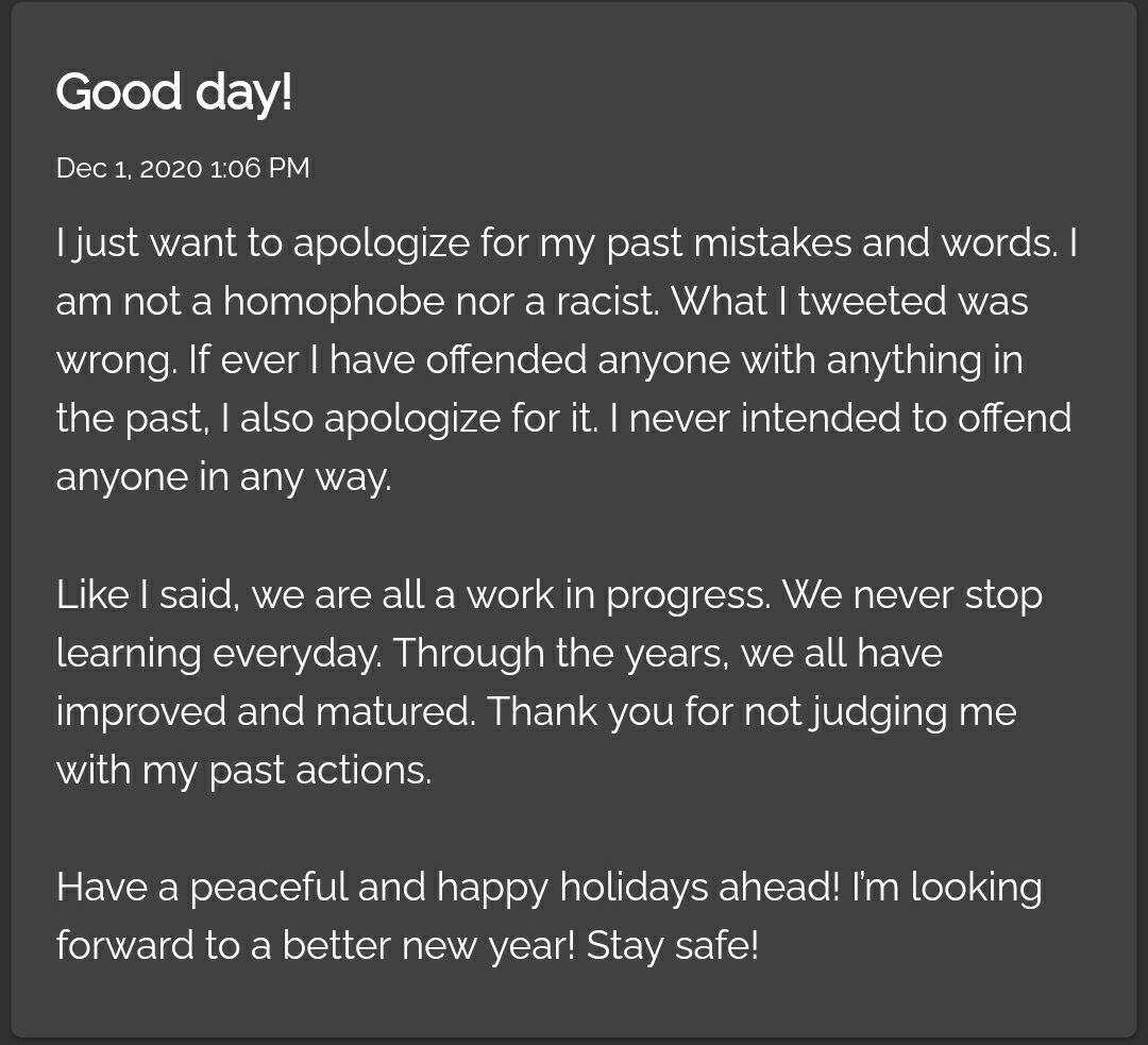 JonaxxSL's tweet photo. Ate J jas posted an apology message on her app. She admitted she was wrong but she never intended to offend anyone in any way. 

I hope all bardagulans will end na. We are all learning everyday. Please let us live in this fandom with peace. :)))) https://t.co/OZm18IxSeP