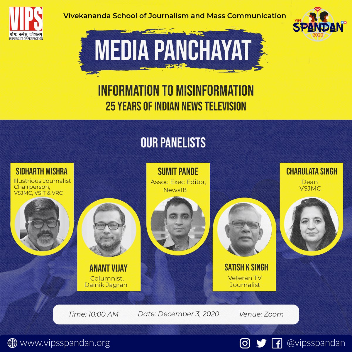 VIPSSpandan's tweet photo. Media Panchayat is an open house discussion where a panel of Media Experts - Journalists &amp; Academicians
come together for deliberating &amp; discussing an issue concerning media. 
Join Media Panchayat to receive great insights, groundbreaking discussions &amp;
thought provoking debates! https://t.co/CDBmfhRD2q