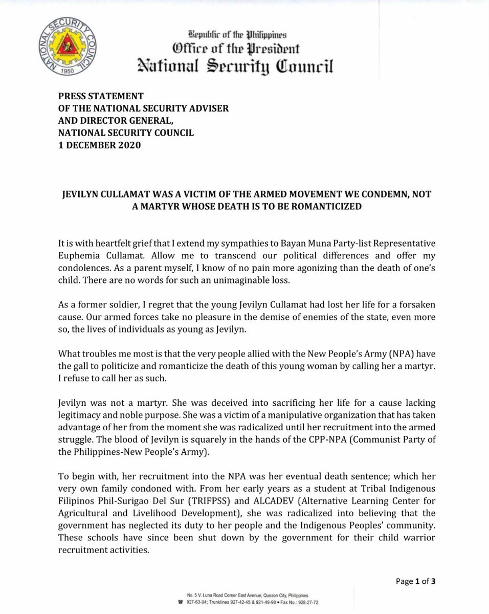 nscphilippines's tweet photo. READ: Press Statement of the National Security Adviser Hermogenes Esperon, Jr. 

"Jevilyn Cullamat was a Victim of the Armed Movement We Condemn, Not a Martyr Whose Death is to be Romanticized"

#NSC #NSCGov #NSCNews #NTFELCAC #NPA #EO70 https://t.co/gVsKuJoGRI