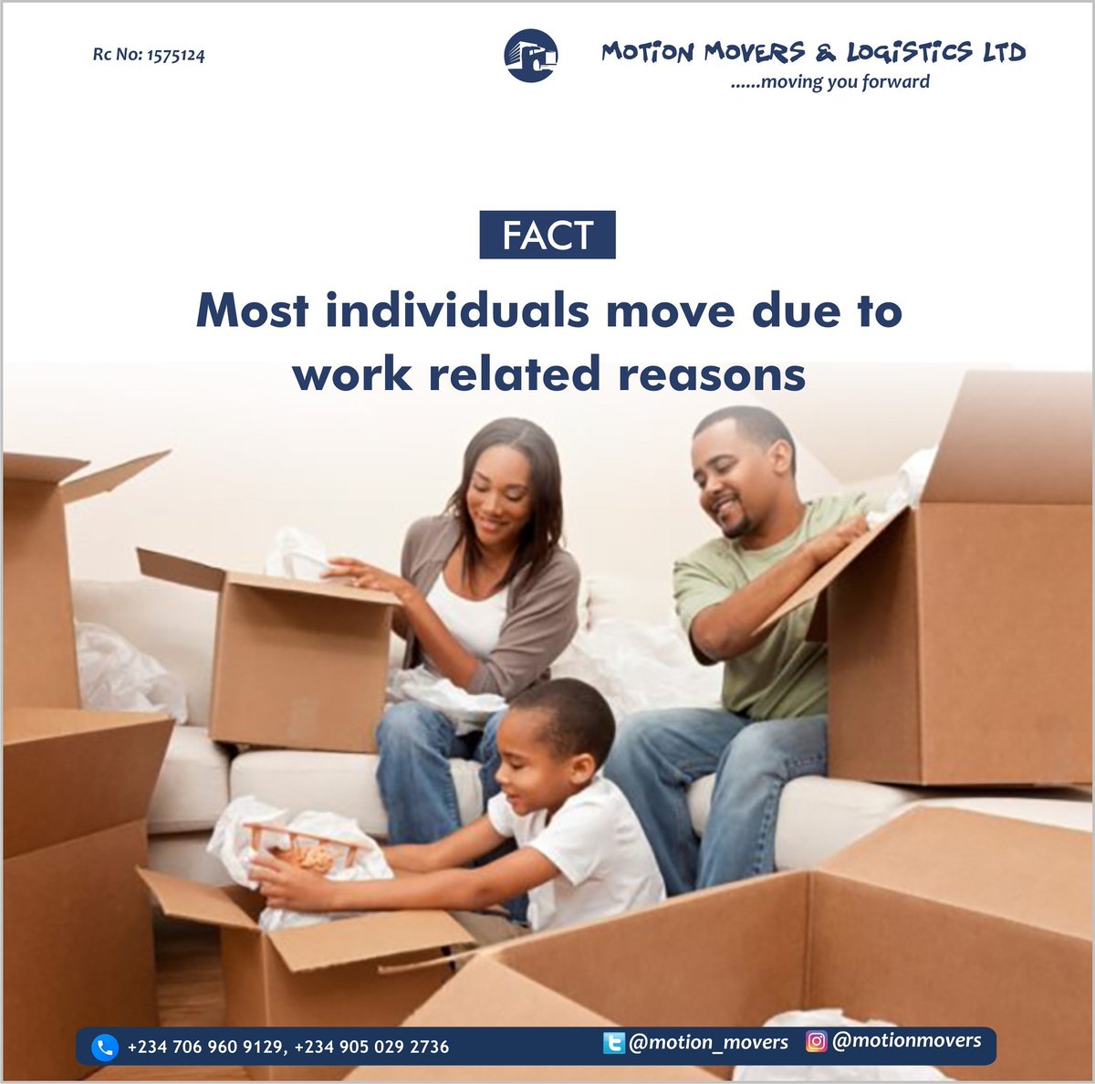 Motion_Movers's tweet photo. About 20% of individuals move due to work-related reasons. This could be as a result of obtaining a new job, corporate transfers, or moving close to the workplace. #motionmovers #movingfacts #relocationservice #promovers #cleaning #delivery #courier #dispatch #expertmovers https://t.co/D2k0KLTYWO