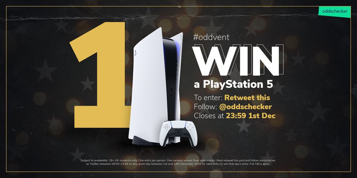 oddschecker (@oddschecker) on Twitter photo 🎄 Day 1 of #oddvent 🎄
🎮 Win a PlayStation 5!
To enter:
→ Follow <a href="/oddschecker/">oddschecker</a>
→ Retweet this giveaway tweet
🔞 T&Cs apply: bit.ly/oddventTCs 🎄 Day 1 of #oddvent 🎄
🎮 Win a PlayStation 5!
To enter:
→ Follow <a href="/oddschecker/">oddschecker</a>
→ Retweet this giveaway tweet
🔞 T&Cs apply: bit.ly/oddventTCs