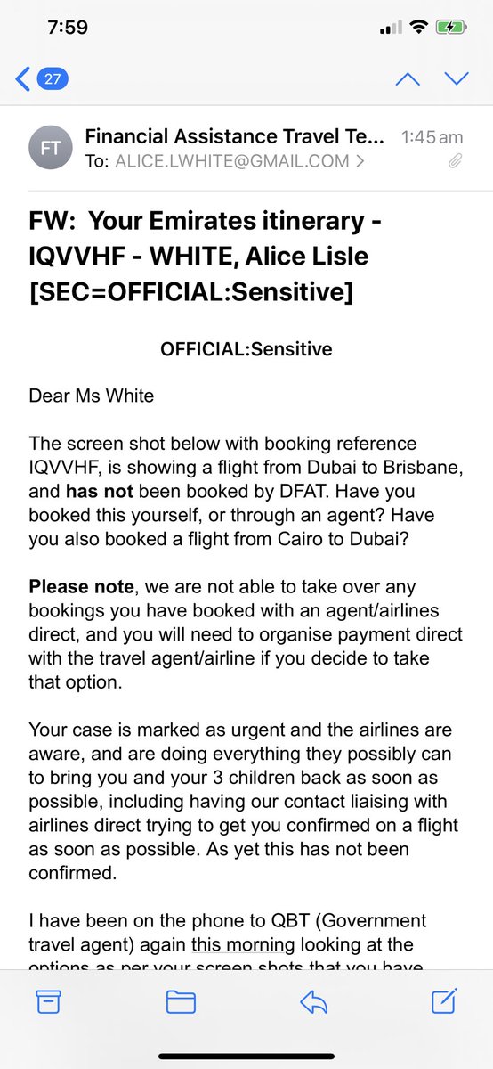 daytodayalice's tweet photo. 1/3Yesterday I received a call from @emirates to book a “repat flight”. They got my details from “the dept”. I thought this was finally action. But neither @dfat or @emirates can say how they got my details. And DFAT can not use this flight booking. How can this be? https://t.co/wqYwgaf209