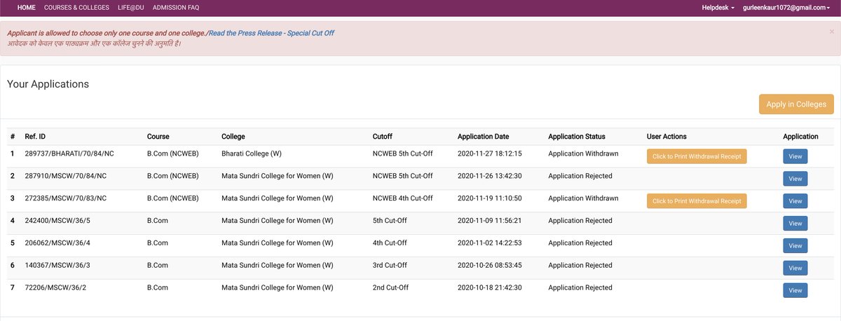 0xrds's tweet photo. @studyatdu My sister got her name in cutoff. Deadline is really close.  Portal is not working. She can see the options but can not apply for college. 
FORM NUMBER : 20123033

Please help: gurleenkaur1072@gmail.com https://t.co/lLUx8Ampdr