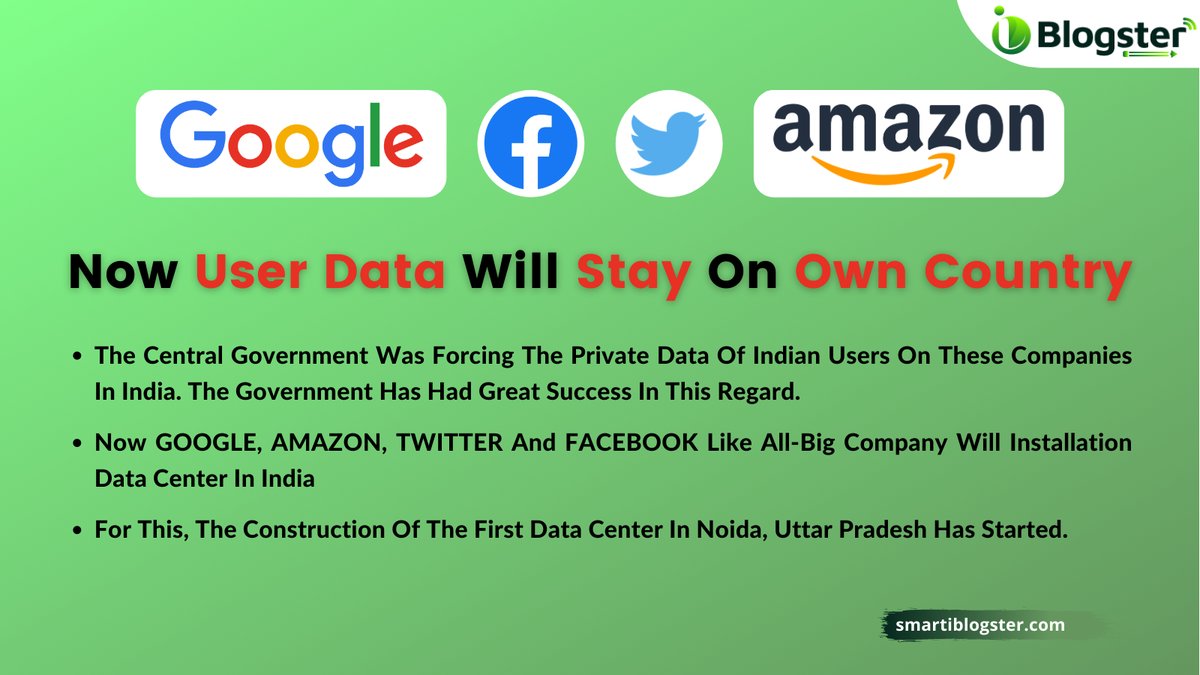 iBlogster's tweet photo. Now @GoogleIndia @amazonIN @TwitterIndia @FacebookIndia All Users Personal Data Will Stay In India.
#DataCenter #AmazonIndia #iBlogster #iBlogsterNews #businessnews #centralgovernment #GovernmentAndPolitics #PMOIndia #PMO #smartiblogster https://t.co/zgFXPLkn1A