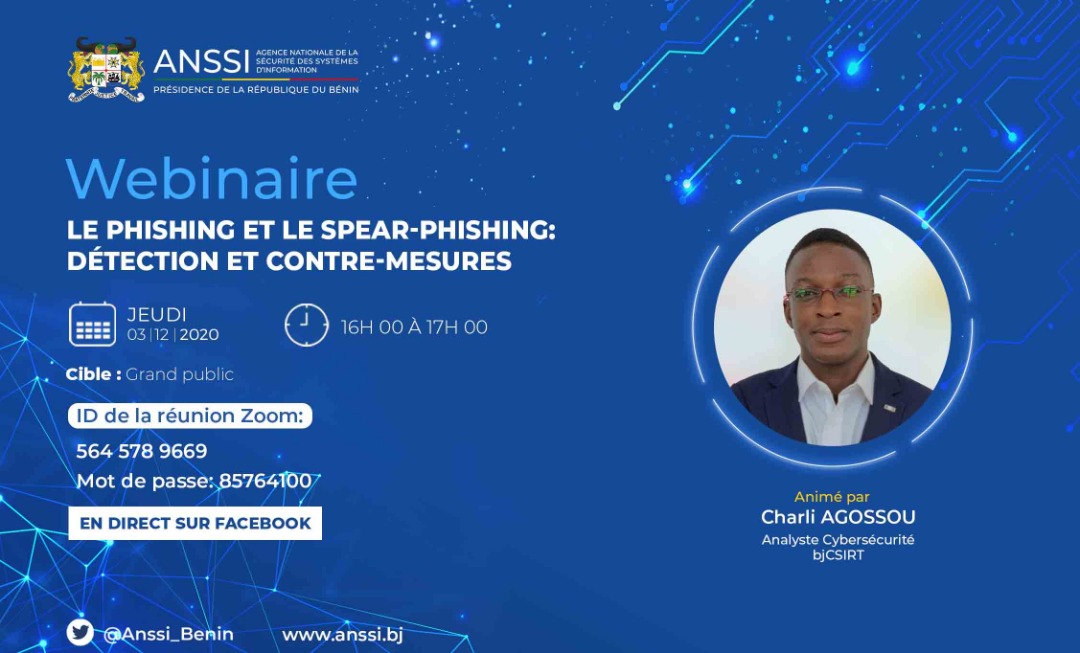Anssi_Benin's tweet photo. Participez, le jeudi 03/12/2020 de 16h à 17h (heure d’Afrique de l'ouest), au webinaire organisé par L'ANSSI sur le thème : Le phishing et le spear-phishing : Détection et contre-mesures.

Cible : Grand public

👉🏾https://t.co/ltsYjEvN7f

Prenez dès maintenant le rendez-vous. https://t.co/OKk2Yc738X