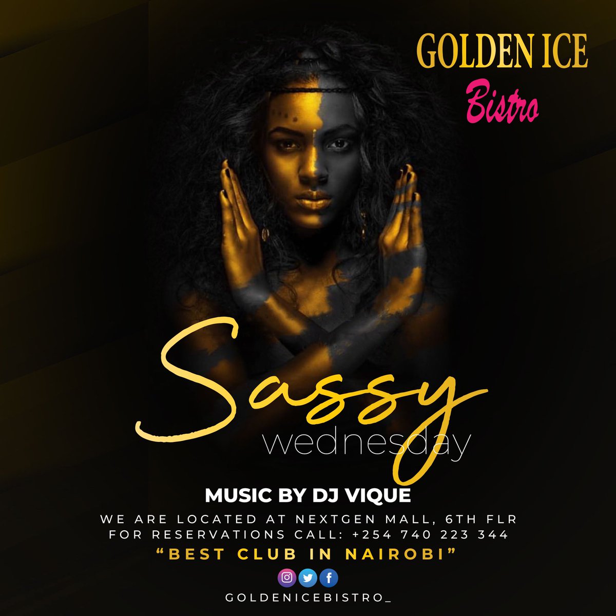 IceBistro's tweet photo. Join @DeejayViq tomorrow night at Best Club in Nairobi 
#SassyWednesday 
#GoldenIceBistro https://t.co/BBBCd6cnSo