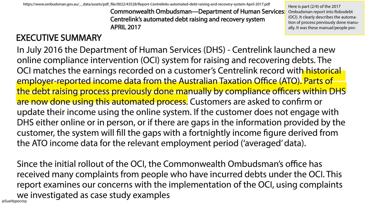 9/By 2017 their was major troubles. The Ombudsman was called in to do a review. Again stating the OCI (AKA Robodebt) started in 2016. It also states that the matching of data was done manually prior to Robodebt. These 2 pics are excerpts from the 2017 Ombudsmans report.