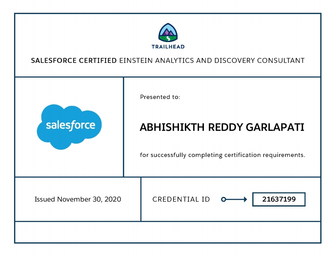 abhishikth1999's tweet image. Completed one more step towards success by achieving Einstein Analytics and Discovery Consultant Certification🎊🎊🎉🎉🥳🥳. Thank you @dazeworks for the voucher. 
@trailhead #Salesforce #CertifiedPro @partnerforce @bitrapati @i_am_Lahari @Divya__52 @VamshiK06959091 @JisnaMathew2