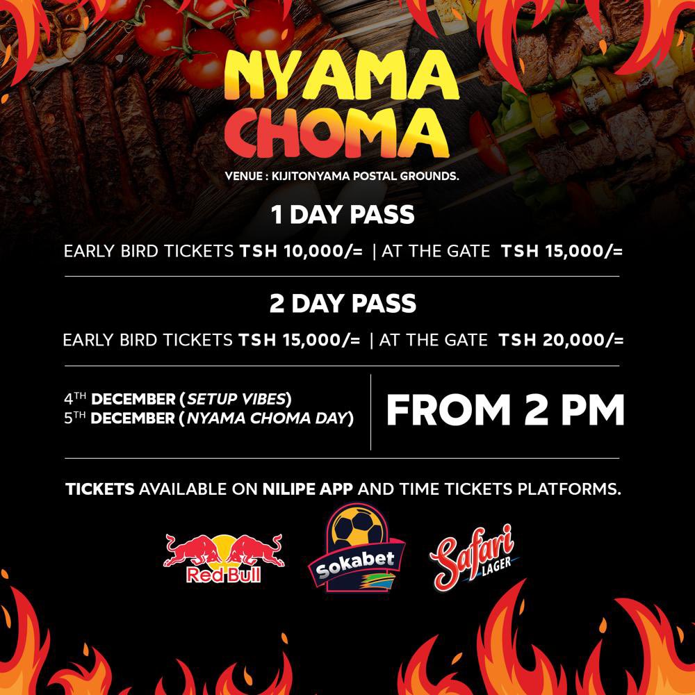 seifkabelele's tweet image. Revellers will access the #NyamaChomaFestival doors from as early as 1400Hrs. Get ur tickets here @timetickets &amp;amp; @Nilipetz 

DAY 1 (Early Bird 10K)  @ the gate 15K. 

DAY 2 (Early Bird 15K)  @ the gate 20K 

4th Dec #SetupVibes 
5th Dec #NyamaChomaDay 

You don&apos;t wanna miss this