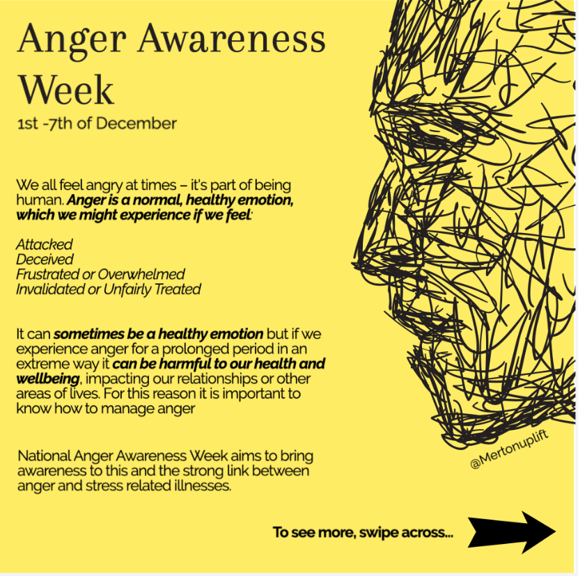 MertonWellbeing's tweet photo. Anger Awareness Week, 1st - 7th of Dec. 

Anger is a normal, healthy emotion, which we all experience, however,  if we experience anger for a prolonged period in an extreme way it can be harmful to our health &amp; wellbeing. Swipe to see more...

#nationalangerawarenessweek https://t.co/6LVXIgfRPf