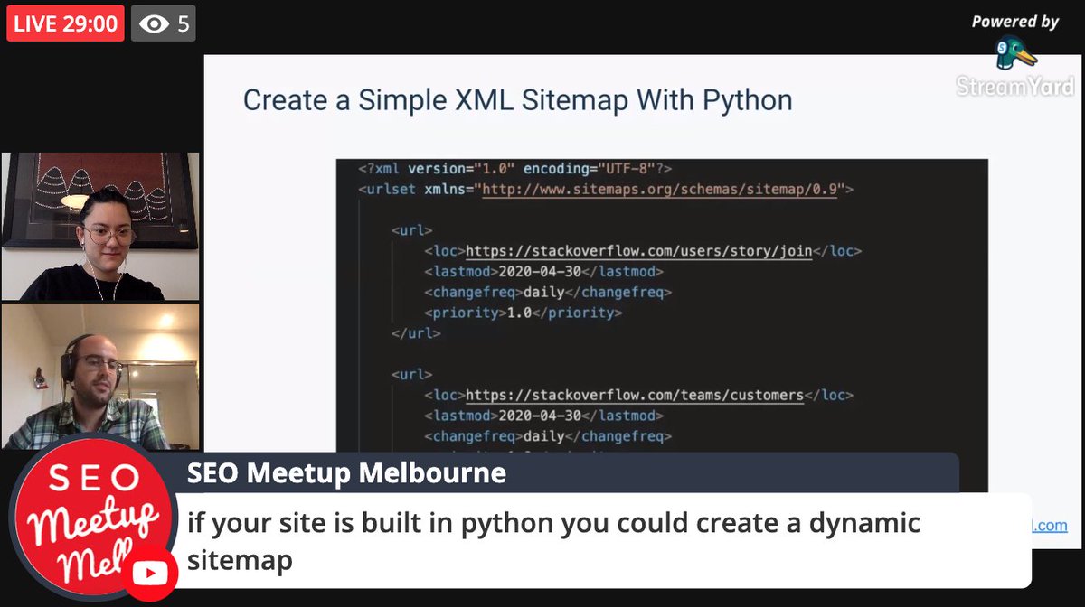 nikrangerseo's tweet image. @ChouinardJC
: You can create static XML sitemaps with python
If you're looking for a dynamic solution... you could create a sitemap if the site is built in python.
Or @inkovic has suggested to just host python on a subdomain for the sitemap. (Genius!)
#SEOmeetupMelb #pythonSEO