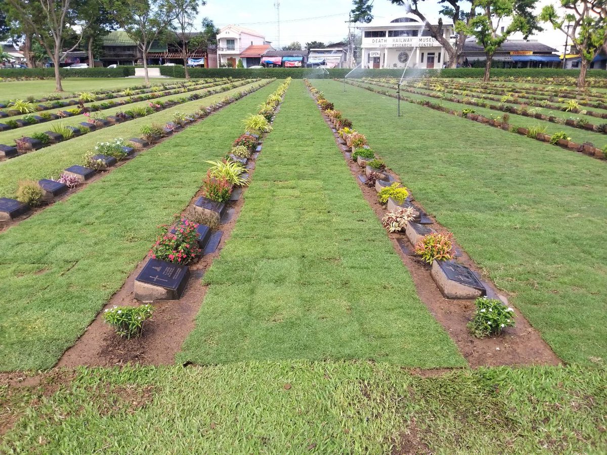KanCwgc's tweet photo. Currently we are enjoying a cooler spell of weather so our returfing project has made rapid progress and will shortly be complete #kanchanaburiwarcemetery #OurWorkContines @CWGC https://t.co/R1uOJMQKwW