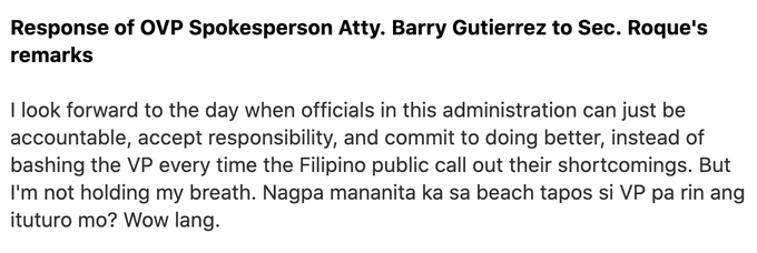 ANCALERTS's tweet photo. "Nagpa-mañanita ka sa beach tapos si VP pa rin ang ituturo mo? Wow lang," Vice President @lenirobredo's camp tells Presidential Spox Harry Roque, after he questioned her visit handshake with residents of typhoon-hit areas recently. 

Here is the full statement. | via @jmnpunzalan https://t.co/vTI9hOMiFh