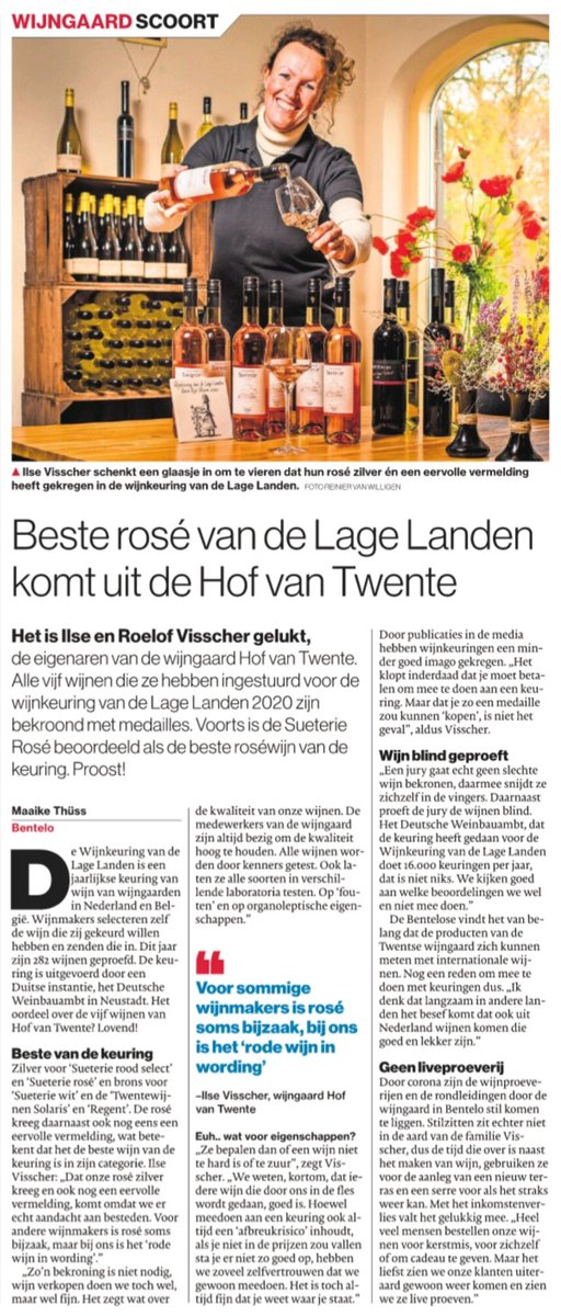 Het is @Twentewijn onlangs weer gelukt! De vijf wijnen die Roelof en Ilse hebben ingestuurd voor de wijnkeuring van de Lage Landen 2020 zijn bekroond met medailles! De Sueterie Rosé is zelfs de beste roséwijn van de keuring. @tubantia schreef er een mooi artikel over.