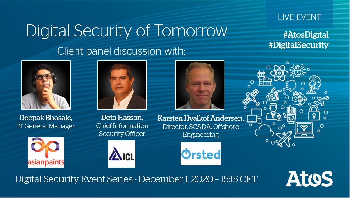 The first edition of the Atos Digital Security Event series is here. We are excited to be hosting three special guests Deepak Bhosale, Deto Hasson, and Karsten Hvalkof Andersen, in a panel discussion on how to tackle security when digital and physical threats collide.  #Atos