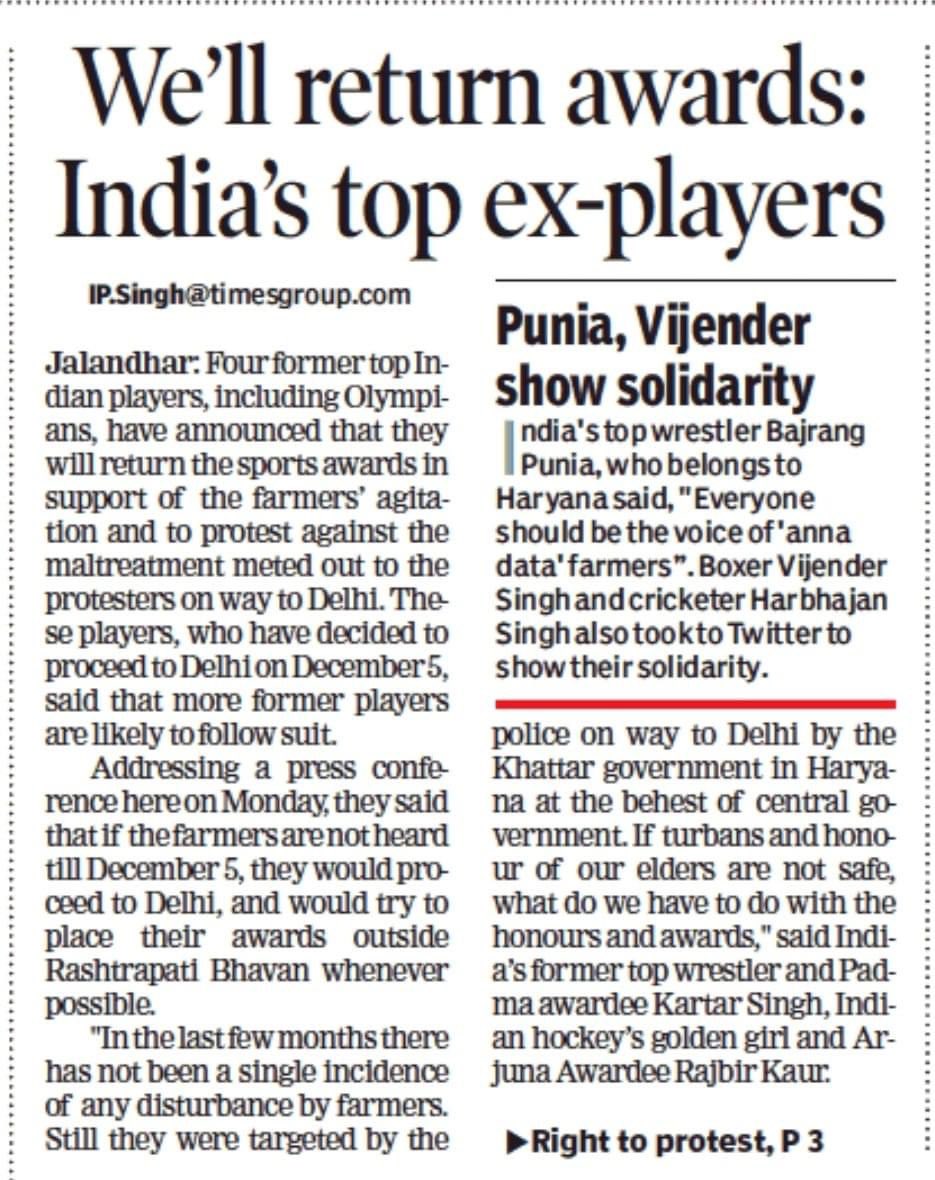 Tractor2twitr's tweet photo. Punjab Olympians, Arjuna, and Padma awardees have threatened to return the awards.
Farmers, Students, lawyers, doctors, players ... all are protesting, @narendramodi isn’t it enough to awake you up from the deep sleep?

#Tractor2Twitter
#FarmersProtest
#StandWithFarmersChallenge https://t.co/zBfzhgzdQY