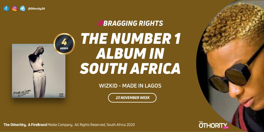 THIS WEEK:  For 4 weeks in a row, the number 1 album in South Africa is still #MadeinLagos by <a href="/wizkidayo/">Wizkid</a>.

Full Chart: theothority.com/album-10

#BraggingRights