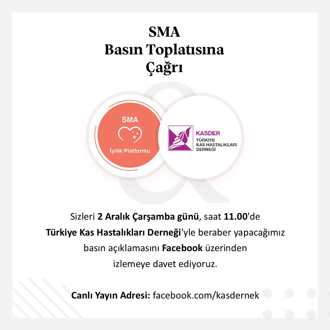 SMA hastalarının sorunlarına ses getirebilmek için hazırladığımız bildiriyi kamuoyuna duyurmak için gerçekleştireceğimiz basın toplantısını Kasder Facebook hesabı üzerinden canlı olarak yarın saat 11.00'de izleyebilirsiniz.