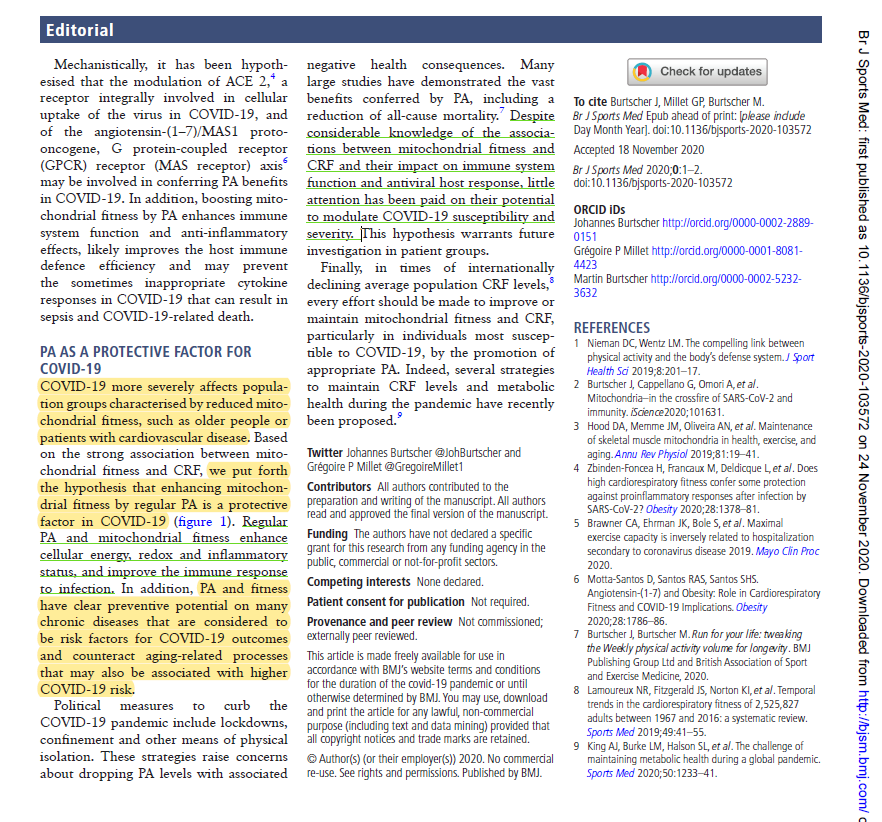 ASedeaud's tweet photo. Physical Activity as a protective factor in #COVID19 

Low cardiorespiratory and mitochondrial fitness as risk factors in viral infections: implications for #COVIDー19  by @JohBurtscher  and @GregoireMillet1 in @BJSM_BMJ

https://t.co/BApYPqQPc9 https://t.co/ayttydjQUq