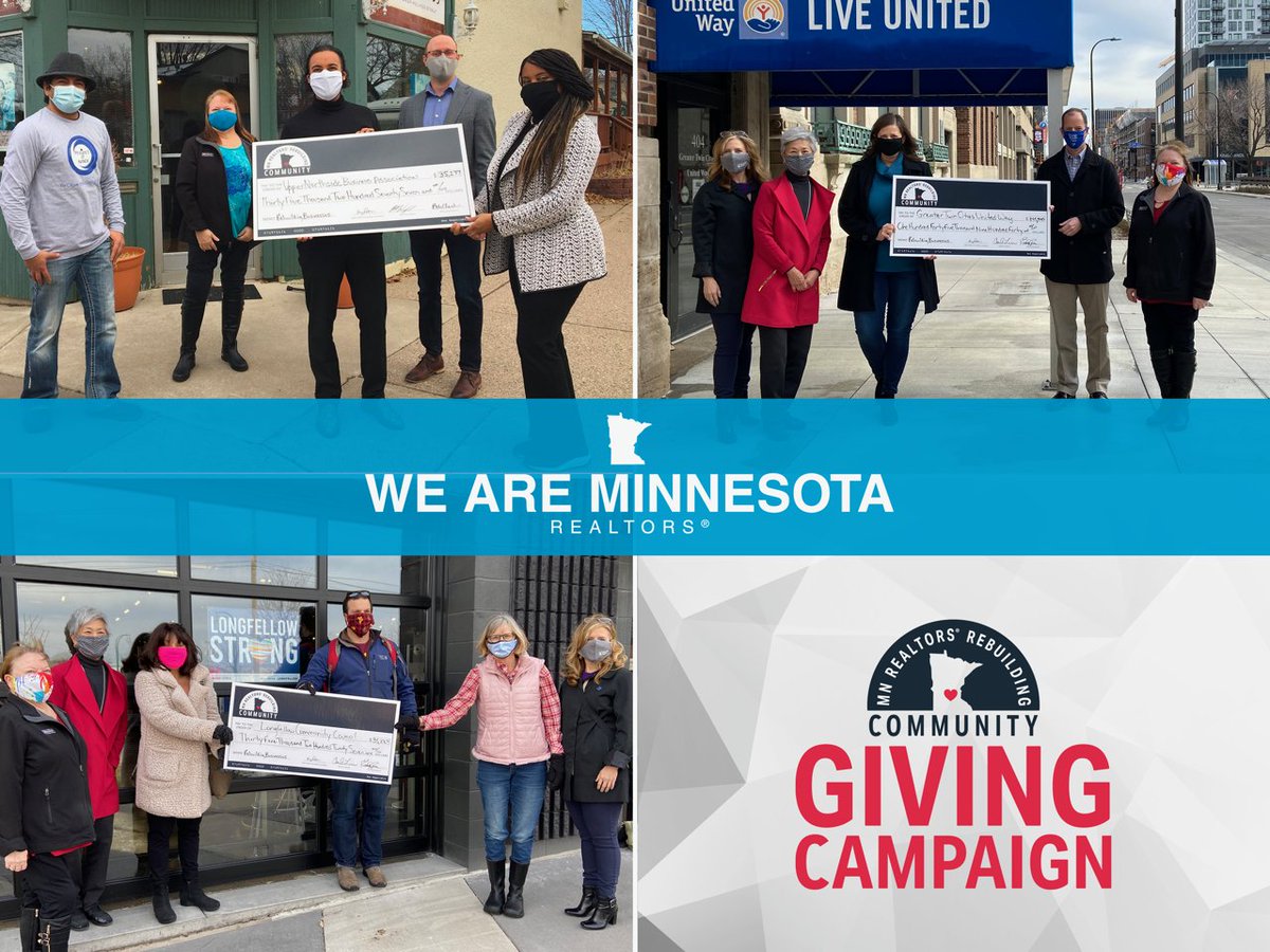 Minn_Realtors's tweet photo. On this national day of giving, we want to celebrate that last week we were able to present the @LongfellowCC, the Upper Business Association, @unitedwayTC, & @mplsfoundation w/ checks from the funds raised for the Realtors® Rebuilding Community Giving Campaign! #GivingTuesday https://t.co/SMKrFWOFQr
