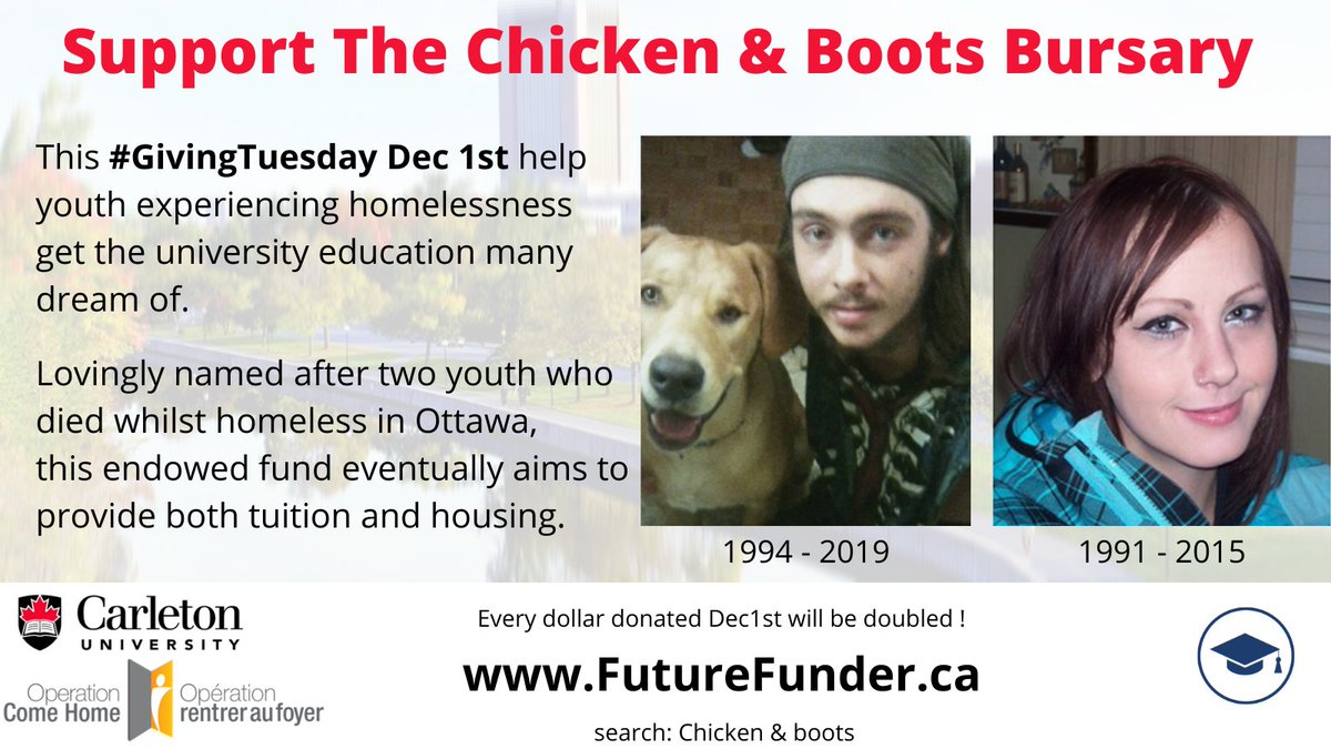 It’s #GivingTuesday <a href="/Carleton_U/">Carleton University</a>! Join me in sharing a cause that is meaningful to you w/ the hashtag #TogetherforGood; you can win funding towards the @theFutureFunder initiative that you support. Proud to support the Chicken &amp; Boots bursary for youth homelessness <a href="/CharSmith1989/">charlotte smith(she/her)</a>
