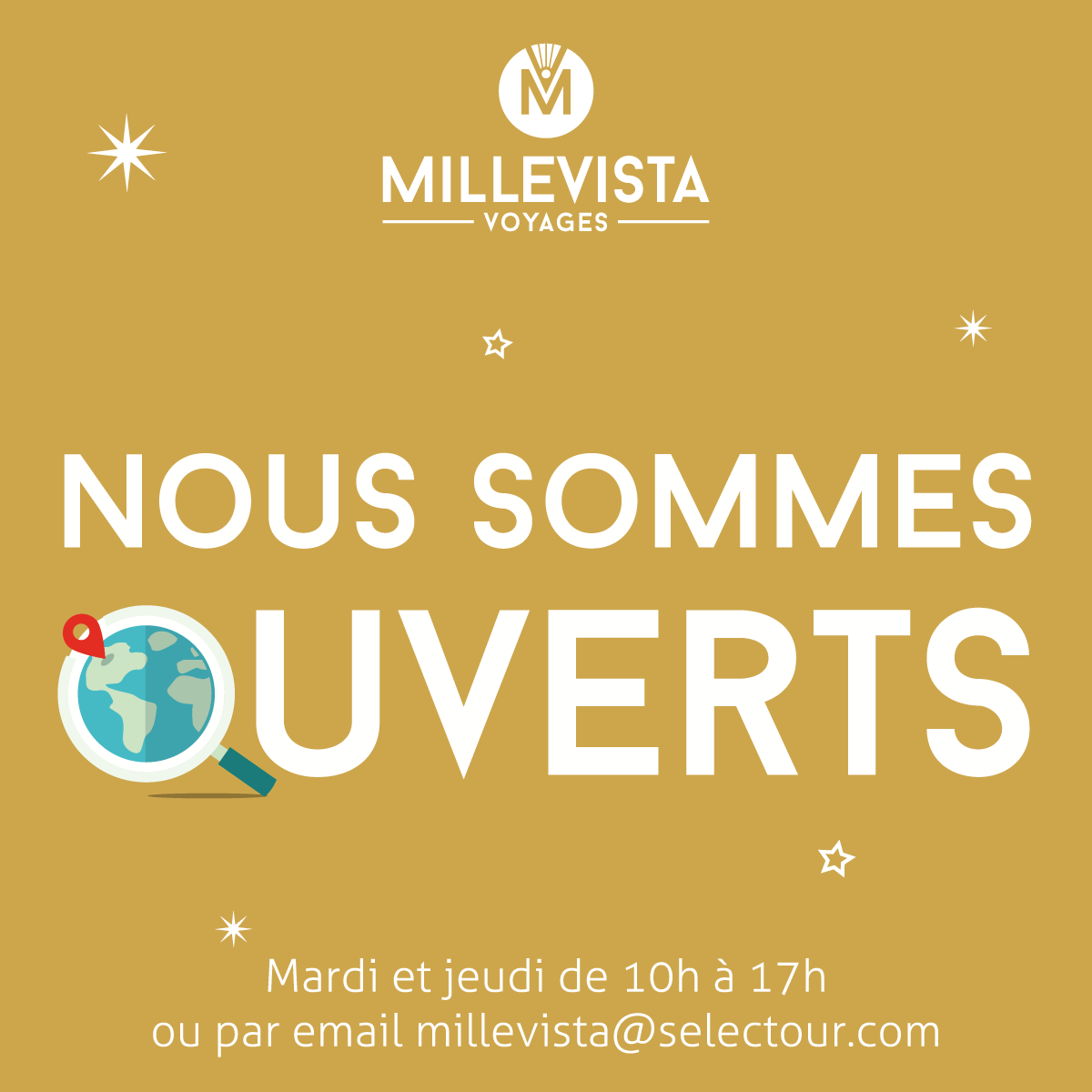 Nous sommes heureux de vous annoncer que votre agence Selectour Millevista Voyages des Brotteaux à rouvert ses portes 🥳Laurène vous accueille : mardi et jeudi de 10h à 17h et le reste de la semaine par email millevista@selectour.com. 
Préparons ensemble vos futurs voyages... ✈️