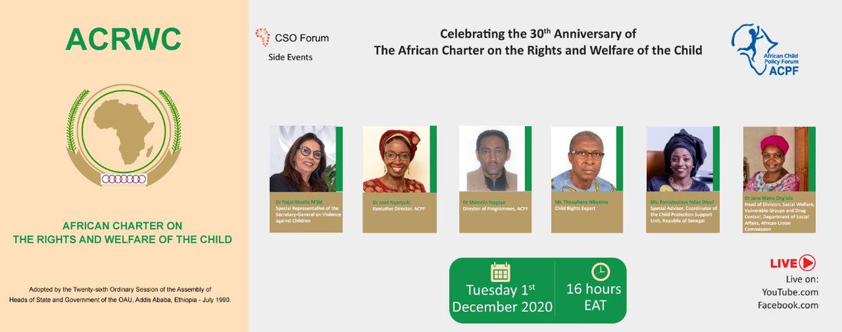 micanyonge's tweet photo. Watch the celebration of the 30th Anniversary of The African Charter on the Rights and Welfare of the Child at 16:00 EAT here
Facebook
https://t.co/S2MQqvBuLW
YouTube
https://t.co/WfXHFbdXvG
Register Now!
https://t.co/8nD9bmurTJ
#CharterAt30
#Virtual17CSOForum https://t.co/hMYA8ZhLQB